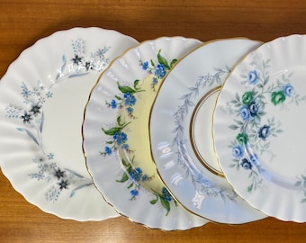 Small China Plate Set, Bread and Butter Plates, Blue, Yellow and Green Floral Side Plates, Mismatched English Bone China