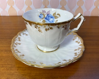 Aynsley Blue Rose Tea Cup and Saucer, White Bone China Teacup and Saucer