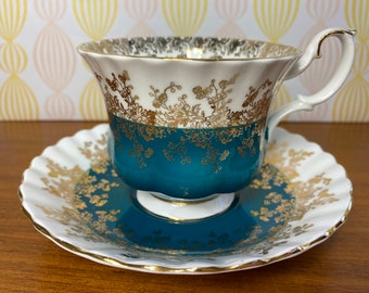 Royal Albert "Regal Series" Vintage Tea Cup and Saucer, Dark Turquoise Teal Teacup and Saucer with Gold Overlay, Bone China