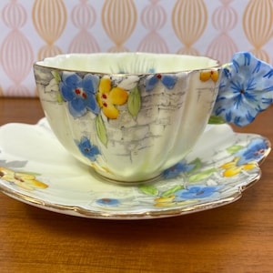 Paragon Jasmine Flower Handle Tea Cup and Saucer, Star Paragon China Teacup and Saucer Blue Pansy Handle 1920s -1930s *crazing/flaws