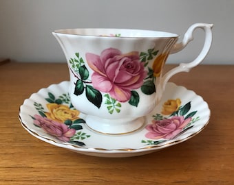 Royal Albert Tea Cup and Saucer, Pink and Yellow Rose Teacup and Saucer, Vintage Fine Bone China