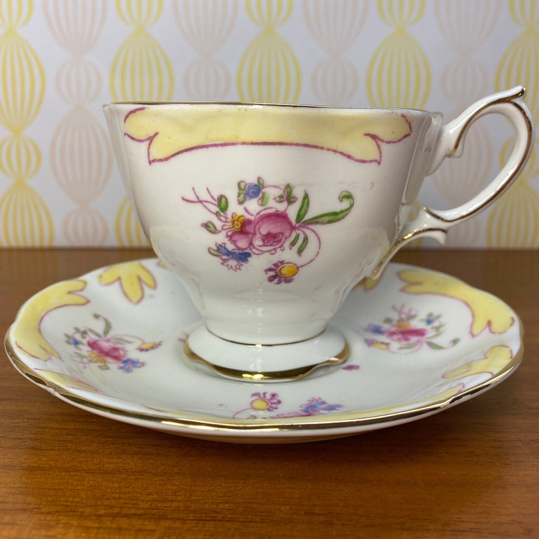 Royal Albert Crown China Tea Cup and Saucer, Yellow and Pink Floral Teacup and Saucer, 1927 1935