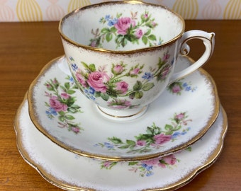 Roslyn "Moss Rose" Vintage Teacup Saucer and Plate, Pink Rose Blue Flower Tea Cup Trio, English Bone China, *manufacturing flaws