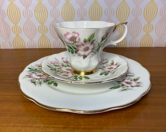 Royal Albert "Alberta Wild Rose" Pattern Tea Cup, Saucer and Plate, Vintage Teacup Trio with Pink Roses, Fine Bone China