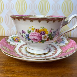 Royal Albert Lady Carlyle Tea Cup and Saucer, Bone China Pink Floral Teacup and Saucer, reg'd 855022 original date 1944 1950s image 2