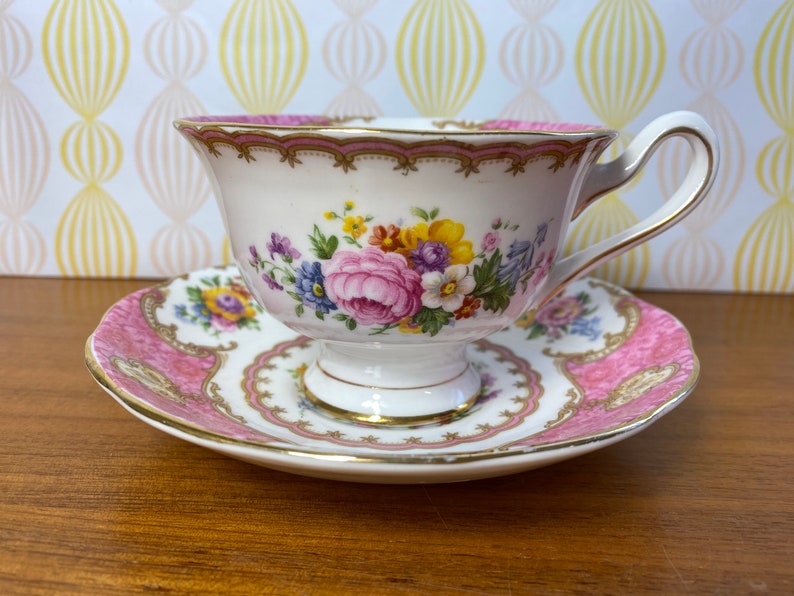 Royal Albert Lady Carlyle Tea Cup and Saucer, Bone China Pink Floral Teacup and Saucer, reg'd 855022 original date 1944 1950s image 2