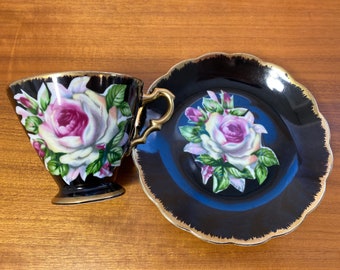 Black Tea Cup and Saucer, Saji Japan Hand Painted Roses Teacup and Saucer, Japanese Fine China