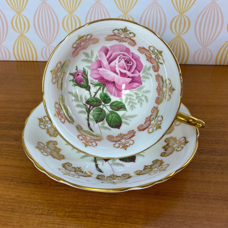 Rare Paragon Rose Tea Cup and Saucer, Large Pink Rose Teacup and Saucer with Gold Accents 1960s Floating Rose Long Stem Rose Collectible image 1