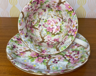 Shelley China "Maytime" Tea Cup and Saucer, Floral Chintz Teacup and Saucer, Pink Blossoms and Branches English Bone China