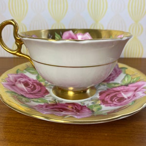 Rare Aynsley Roses Tea Cup and Saucer, Large Pink Cabbage Rose China Teacup and Saucer, Flaw sold as is image 2