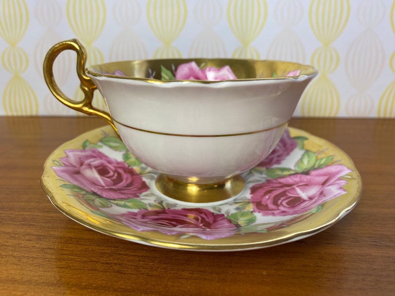 Rare Aynsley Roses Tea Cup and Saucer, Large Pink Cabbage Rose China Teacup and Saucer, Flaw sold as is image 2