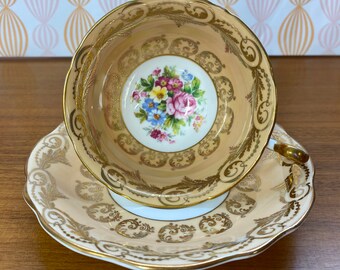 Eb Foley Tea Cup and Saucer, Beige Peach China Teacup and Saucer with lots of Gold Overlay and Floral Bouquets