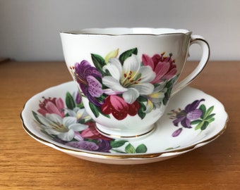 Adderley Tea Cup and Saucer, Purple Pink White Lily Teacup and Saucer