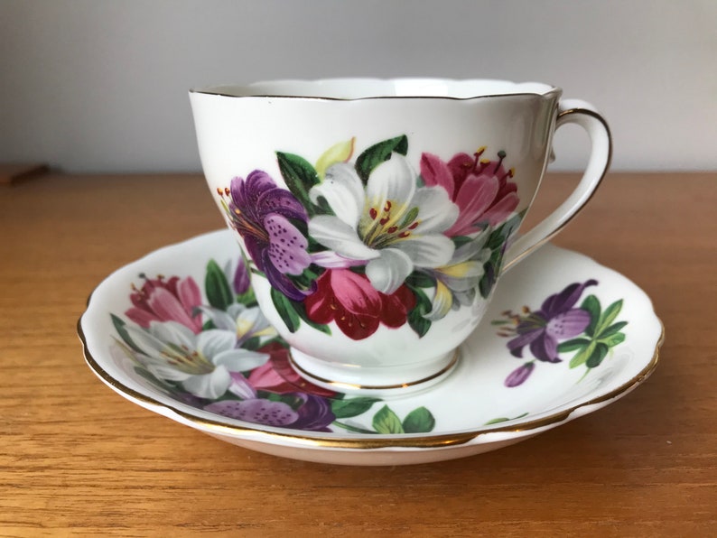 Adderley Tea Cup and Saucer, Purple Pink White Lily Teacup and Saucer image 1