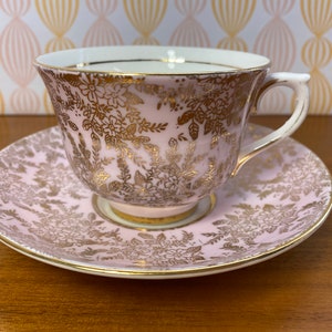 Pastel Tea Cups and Saucers with Gold Overlay, Mismatched Lot of Teacups and Saucers image 7