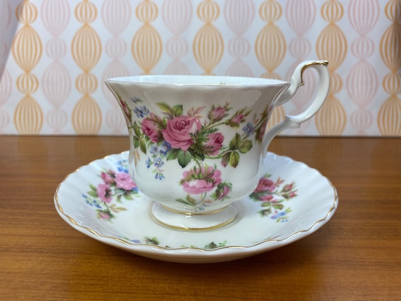Royal Albert Moss Rose Teacup and Saucer, English Bone China Tea 