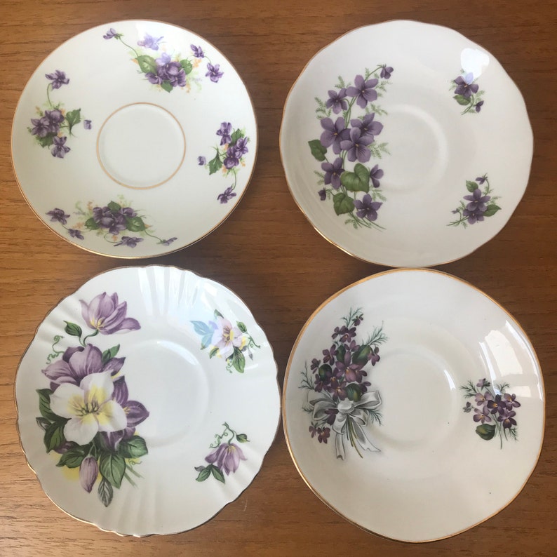 Purple Floral Teacups and Saucers, Violets and Flower Tea Cups and Saucers, Bone China Mismatched Tea Set image 5