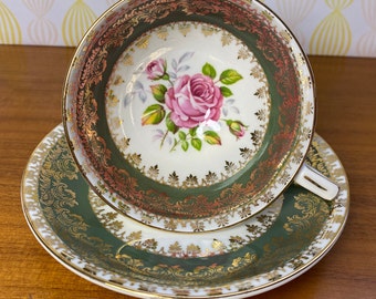 China Tea Cup and Saucer, Royal Stafford Pink Rose Teacup and Saucer with Sage Green Bands and Gold Overlay