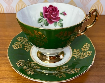 Royal Adderley Tea Cup and Saucer, Gorgeous Army Green Band Teacup and Saucer with Dark Pink Roses, Fine Bone China Collectible