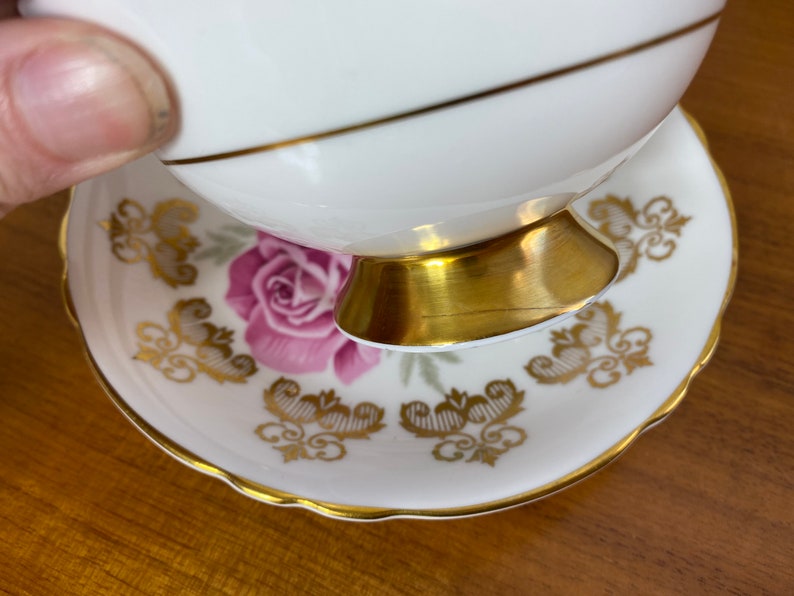 Rare Paragon Rose Tea Cup and Saucer, Large Pink Rose Teacup and Saucer with Gold Accents 1960s Floating Rose Long Stem Rose Collectible image 8