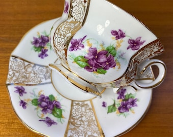 Vintage Tea Cup and Saucer, Collingwoods China Teacup and Saucer with Purple Violets and lots of Gold