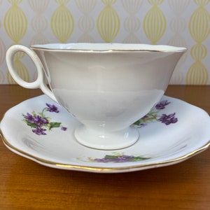 Radfords China Tea Cup and Saucer, Purple Violets Teacup and Saucer, English Bone China Flaws image 4