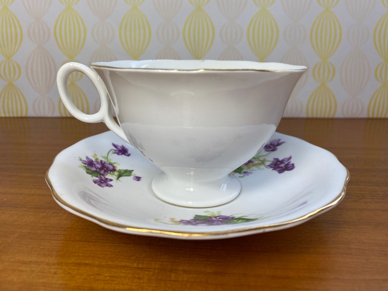 Radfords China Tea Cup and Saucer, Purple Violets Teacup and Saucer, English Bone China Flaws image 4