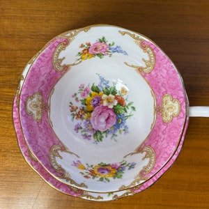 Royal Albert Lady Carlyle Tea Cup and Saucer, Bone China Pink Floral Teacup and Saucer, reg'd 855022 original date 1944 1950s image 5