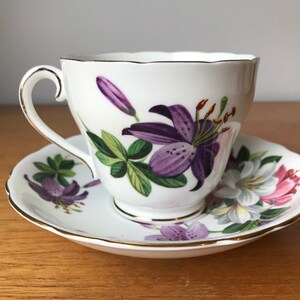 Adderley Tea Cup and Saucer, Purple Pink White Lily Teacup and Saucer image 4