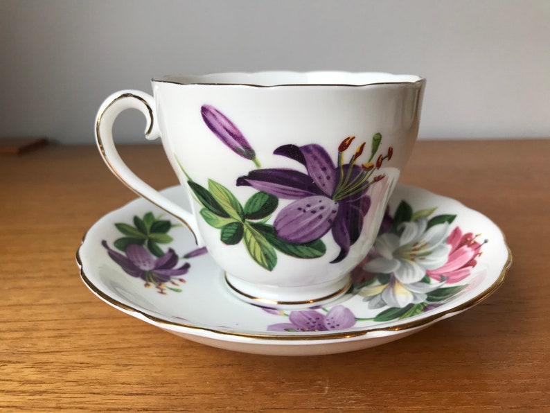 Adderley Tea Cup and Saucer, Purple Pink White Lily Teacup and Saucer image 4