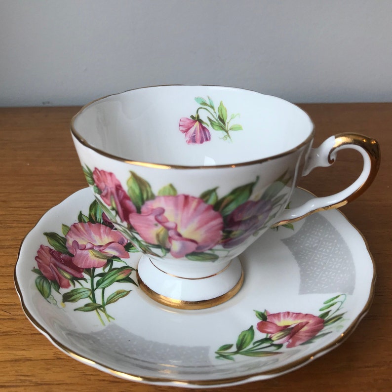 Tuscan Birthday Flowers April's Sweet Pea China Tea Cup and Saucer, Pink and Purple Sweet Peas Teacup and Saucer, Flower of the Month image 10