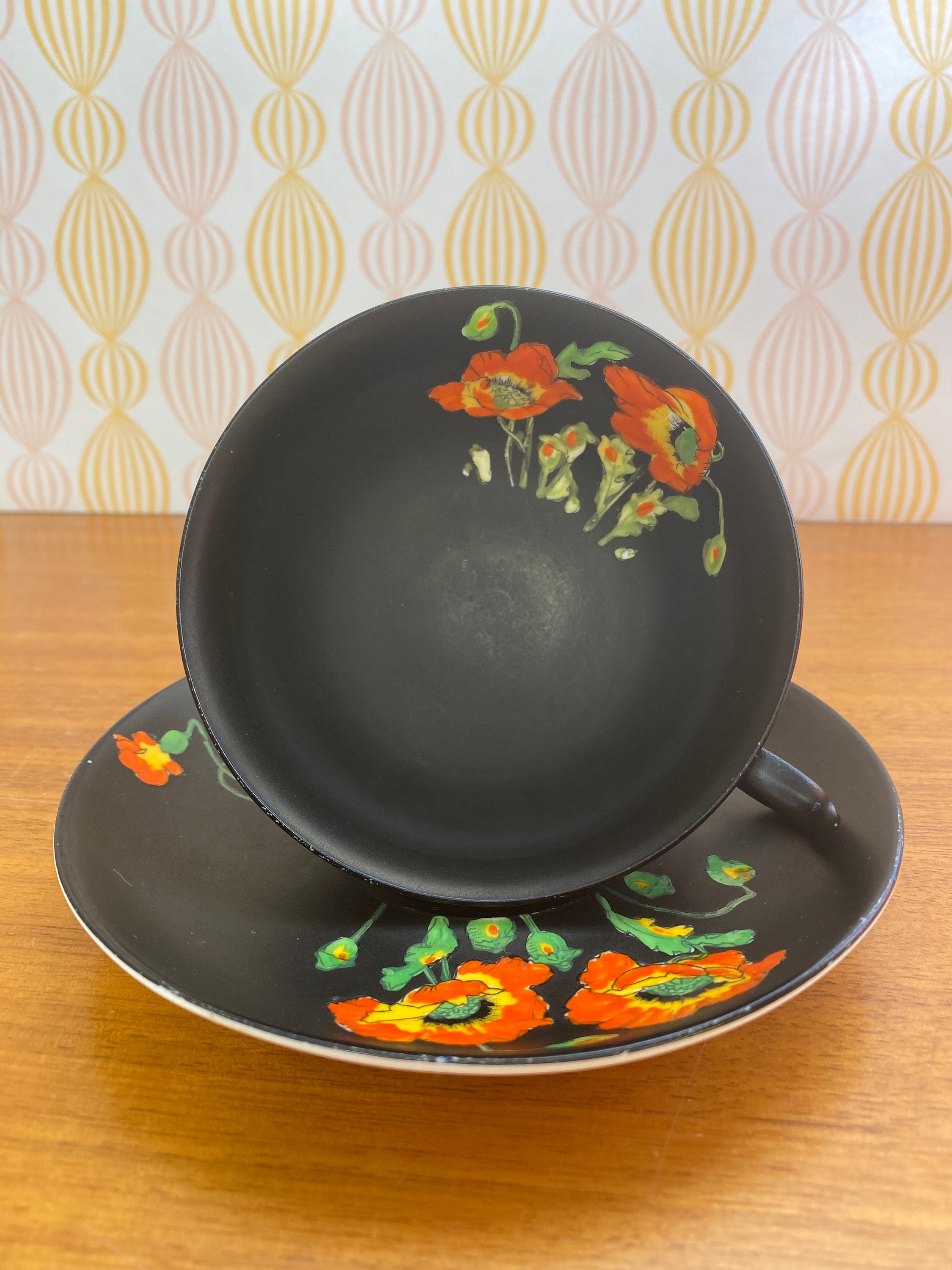Matte Black Tea Cup and Saucer Hand Painted Orange and Yellow Etsy UK