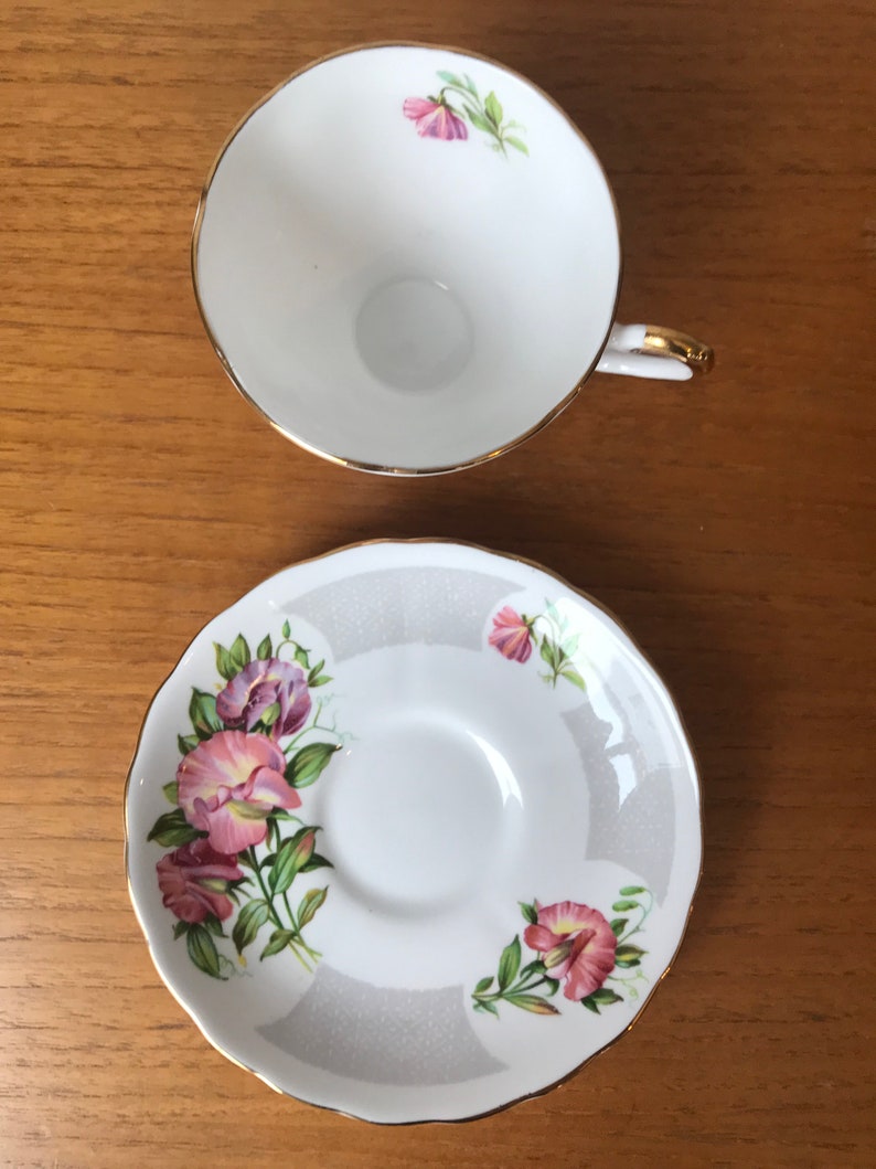 Tuscan Birthday Flowers April's Sweet Pea China Tea Cup and Saucer, Pink and Purple Sweet Peas Teacup and Saucer, Flower of the Month image 6