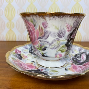 Summer Bounty Series Tourmaline Teacup and Saucer, Royal Albert China Tea Cup and Saucer with Pink and Purple Roses and Heavy Gold image 2