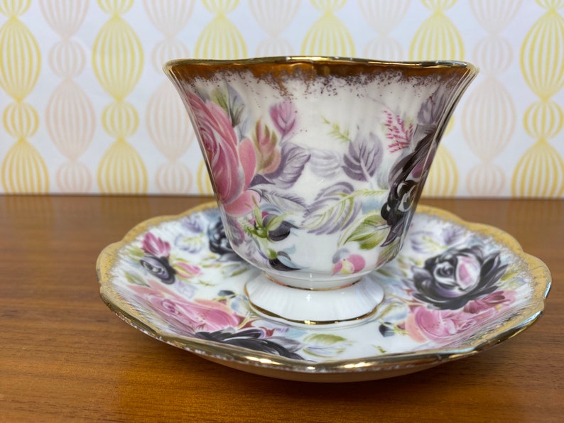 Summer Bounty Series Tourmaline Teacup and Saucer, Royal Albert China Tea Cup and Saucer with Pink and Purple Roses and Heavy Gold image 2