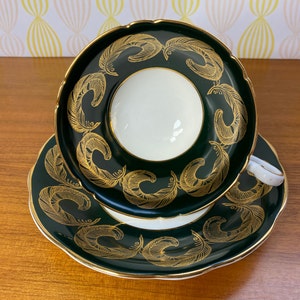 Vintage EB Foley Dark Green Tea Cup and Saucer, Gold Feather Teacup and Saucer, English Bone China