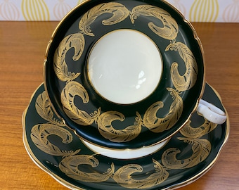 Vintage EB Foley Dark Green Tea Cup and Saucer, Gold Feather Teacup and Saucer, English Bone China