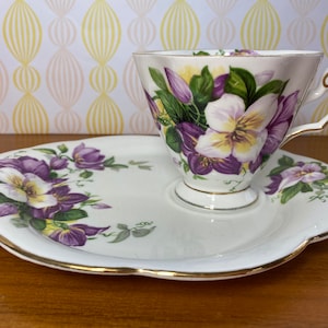 Windsor and Royal Dogwood China Teacup and Snack Plate, Purple and White Clematis Tea Cup and Plate image 1