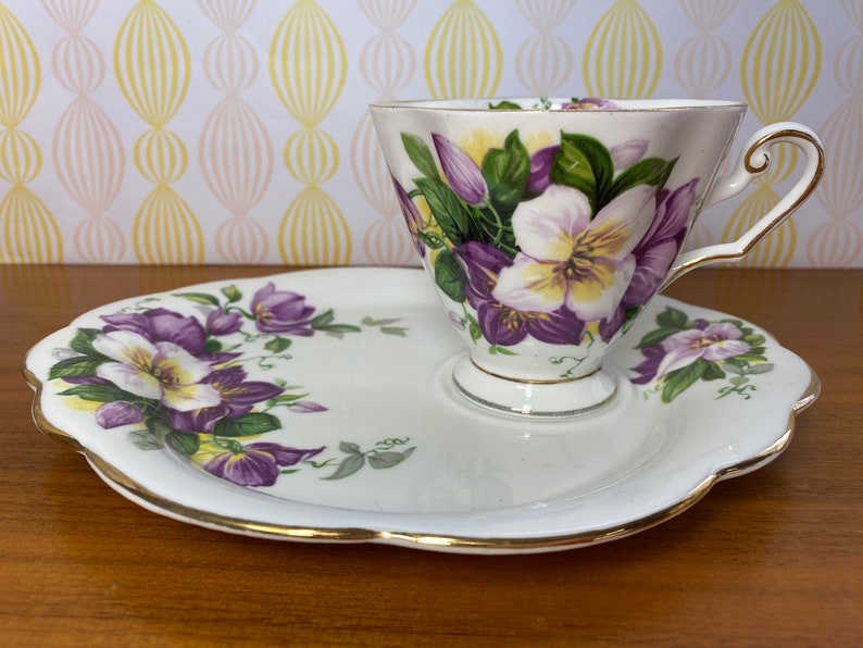 Windsor and Royal Dogwood China Teacup and Snack Plate, Purple and White Clematis Tea Cup and Plate image 1