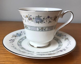 Royal Doulton "Tara" Vintage Teacup and Saucer, Blue Floral Tea Cup and Saucer, Silver Trim, Bone China
