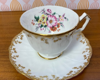 Vintage Aynsley Tea Cup and Saucer, White and Gold Teacup and Saucer, Pink Floral Bone China, Garden Tea Party, Wedding Bridal Gift