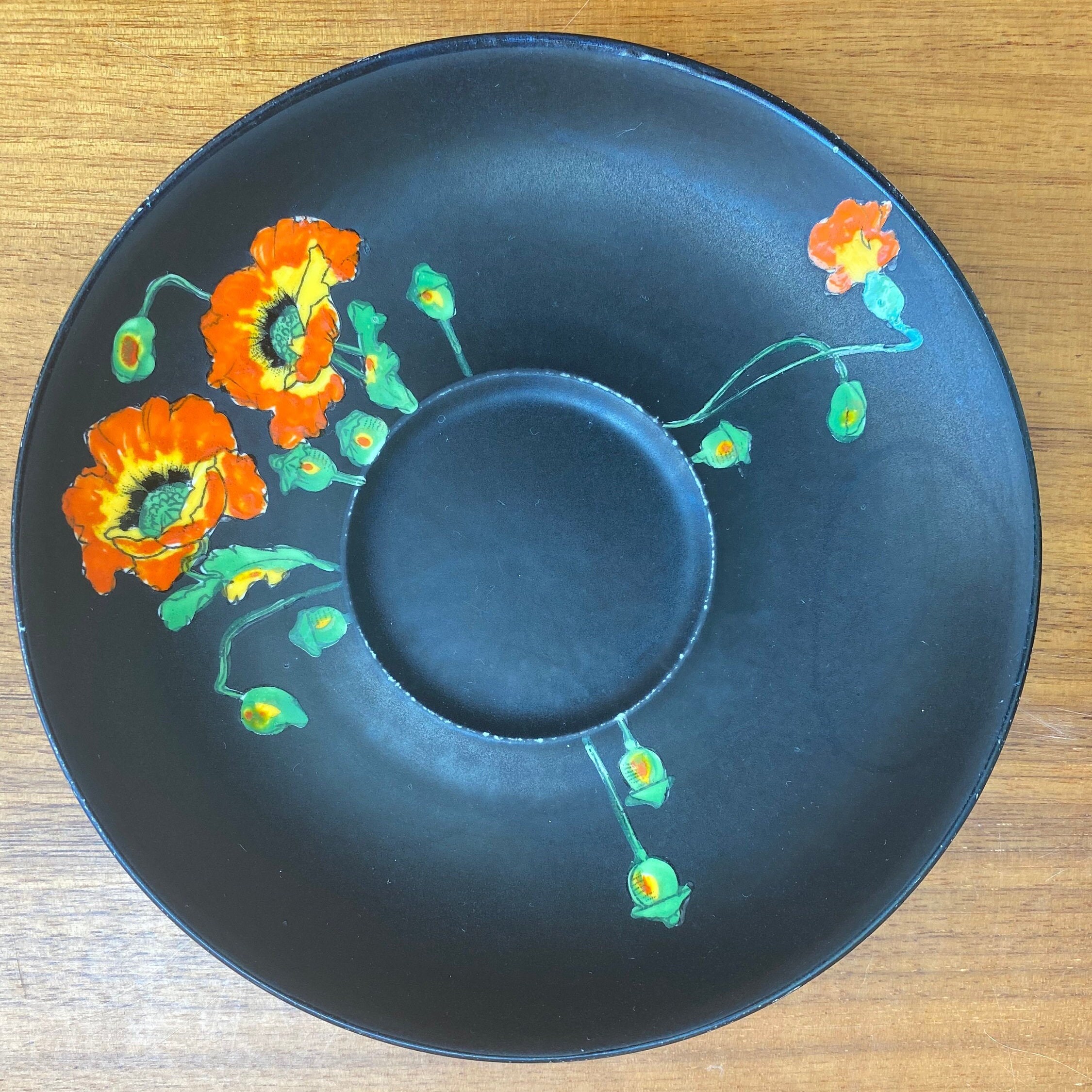 Matte Black Tea Cup and Saucer Hand Painted Orange and Yellow Etsy UK