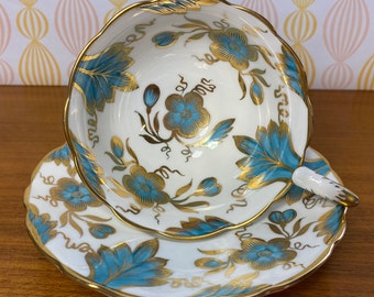 Royal Stafford Tea Cup and Saucer, Hand Painted Blue and Gold Floral Teacup and Saucer Collectible Bone China