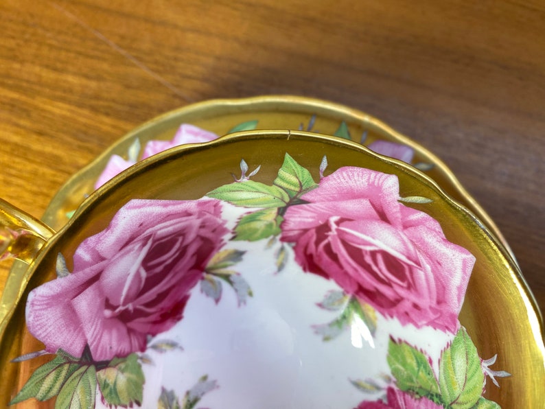 Rare Aynsley Roses Tea Cup and Saucer, Large Pink Cabbage Rose China Teacup and Saucer, Flaw sold as is image 3