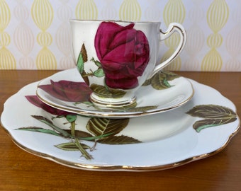 Royal Standard China Tea Cup, Saucer and Plate, Red English Rose Teacup Trio