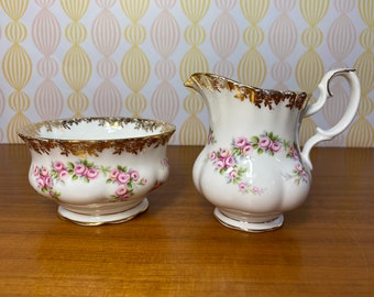 Royal Albert "Dimity Rose" Cream and Sugar set, Vintage Bone China Creamer / Milk Pitcher and Sugar Bowl