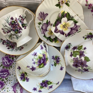 Purple Floral Teacups and Saucers, Violets and Flower Tea Cups and Saucers, Bone China Mismatched Tea Set image 1