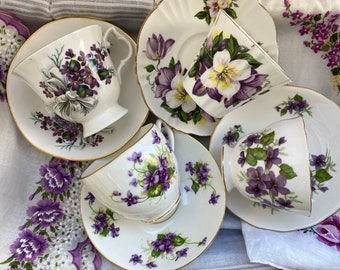 Purple Floral Teacups and Saucers, Violets and Flower Tea Cups and Saucers, Bone China Mismatched Tea Set