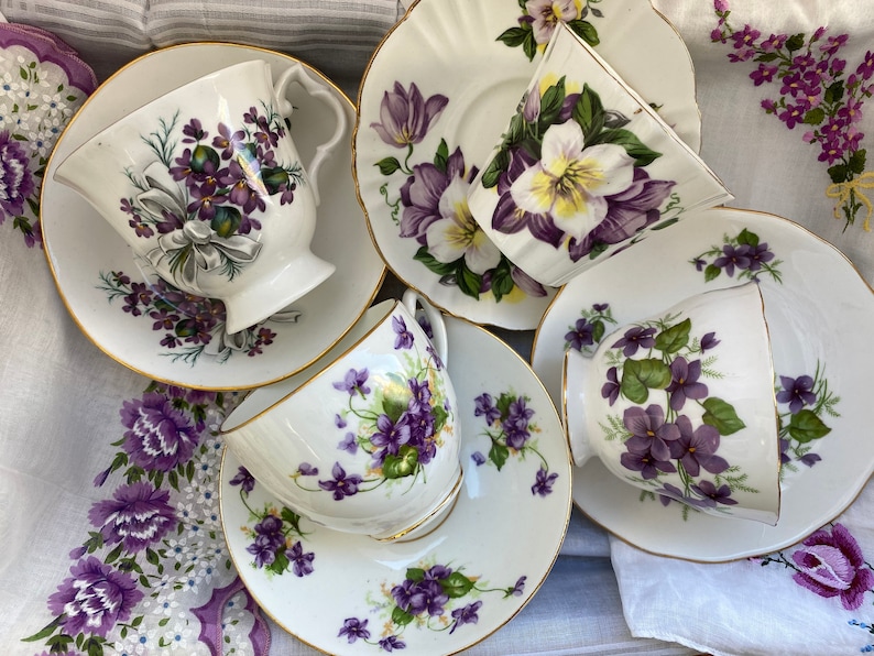 Purple Floral Teacups and Saucers, Violets and Flower Tea Cups and Saucers, Bone China Mismatched Tea Set image 1