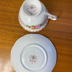 Royal Albert Lady Carlyle Tea Cup and Saucer, Bone China Pink Floral Teacup and Saucer, reg'd 855022 original date 1944 1950s image 10